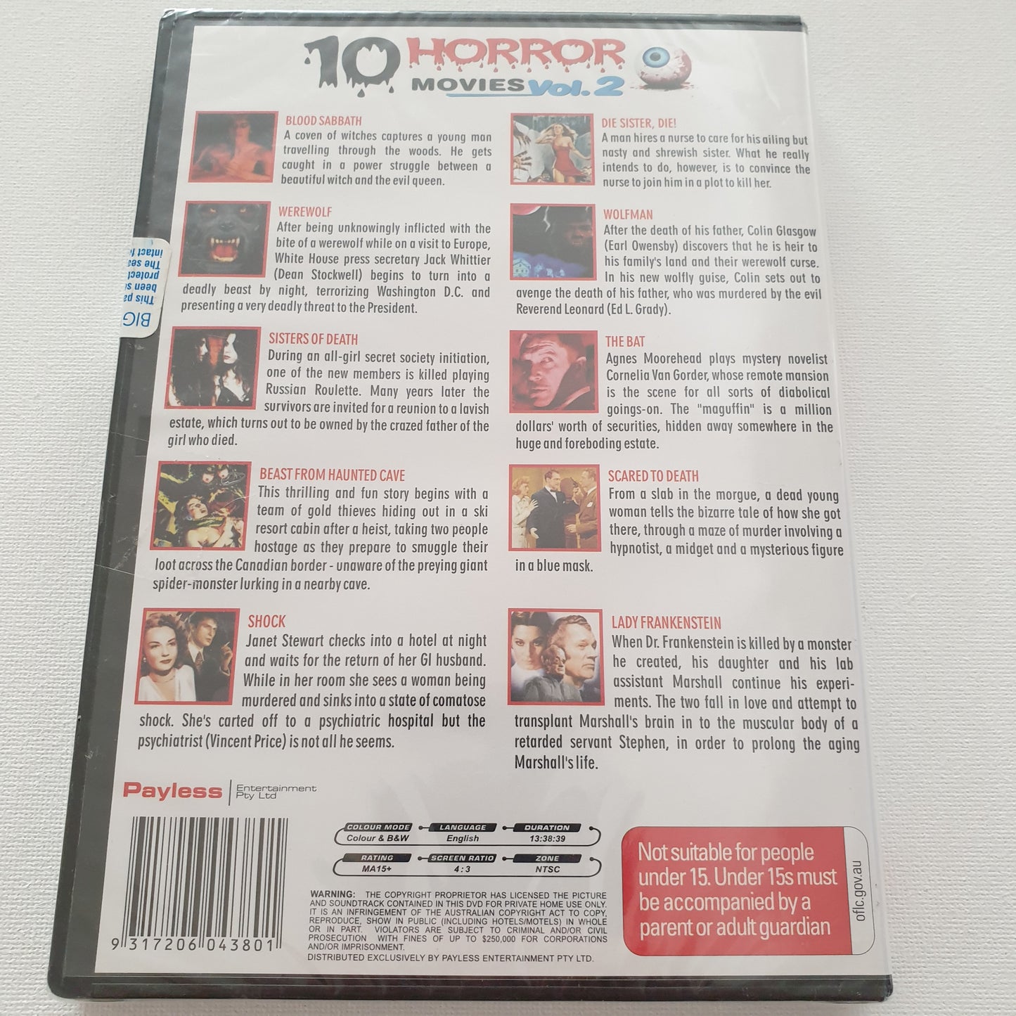 10 Horror Movies Blood Sabbath, Werewolf, Shock, Wolfman, The Bat, Scared to Death, Die Sister, Die! etc (Value Pack)